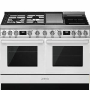 Une maxi cuisinière pour varier les plaisirs culinaires ! Cette cuisinière SMEG CPF120IGMPWH BLANCHE de 120 cm vous apportera à la fois esthétisme et qualité de cuisson hors pair. Deux fours multifonctions à chaleur tournante : le four de gauche possède un mode de nettoyage pyrolyse ainsi qu'une sonde à viande tandis que le four de droite est équipé de la fonction vapeur assistée. Table de cuisson Elle dispose de 3 feux gaz, dont un brûleur ultra rapide de 4200 W (idéal pour saisir vos viandes), 1 domino induction multizone et d'un Teppan Yaki électrique. Allumage "une main" Une simple pression sur le bouton allume votre foyer. Fermeture de la porte avec système soft close La porte du four se ferme de manière douce et silencieuse quelle que soit la force exercée. Grande capacité La place à l'intérieur des 2 fours n'est plus une contrainte grâce à leur grande capacité de 70 et 63 litres ! Idéale pour cuisiner de grosses pièces ou des plats familiaux. Four multifonction à chaleur tournante Grâce à la chaleur tournante, vous obtiendrez une cuisson homogène sur plusieurs niveaux sans mélanges d'odeurs ni de saveurs. Four à vapeur directe Le four secondaire est un four à vapeur directe. L’utilisateur peut ainsi choisir quelle quantité d’eau il souhaite verser dans le fond de la cavité du four, d’une capacité totale de 250 ml. Par la suite, il lui suffit d’activer la fonction vapeur au moment qui lui paraît le plus opportun, afin de générer de la vapeur d’eau pendant la cuisson et permettre d’humidifier les aliments. Programmateur électronique Il assure une gestion fiable et précise du temps et fin de cuisson. Double éclairage à l'ouverture de porte Il vous permet de visualiser les plats enfournés. Accessoires inclus - 2 Grilles four avec arrêt arrière - 2 Grilles intégrée au lèchefrite - 2 Lèchefrites profond 20mm - 2 Lèchefrites profond 40mm - 1 Sonde à viande ( four principal) - 2 kit rails télescopiques à sortie partielle