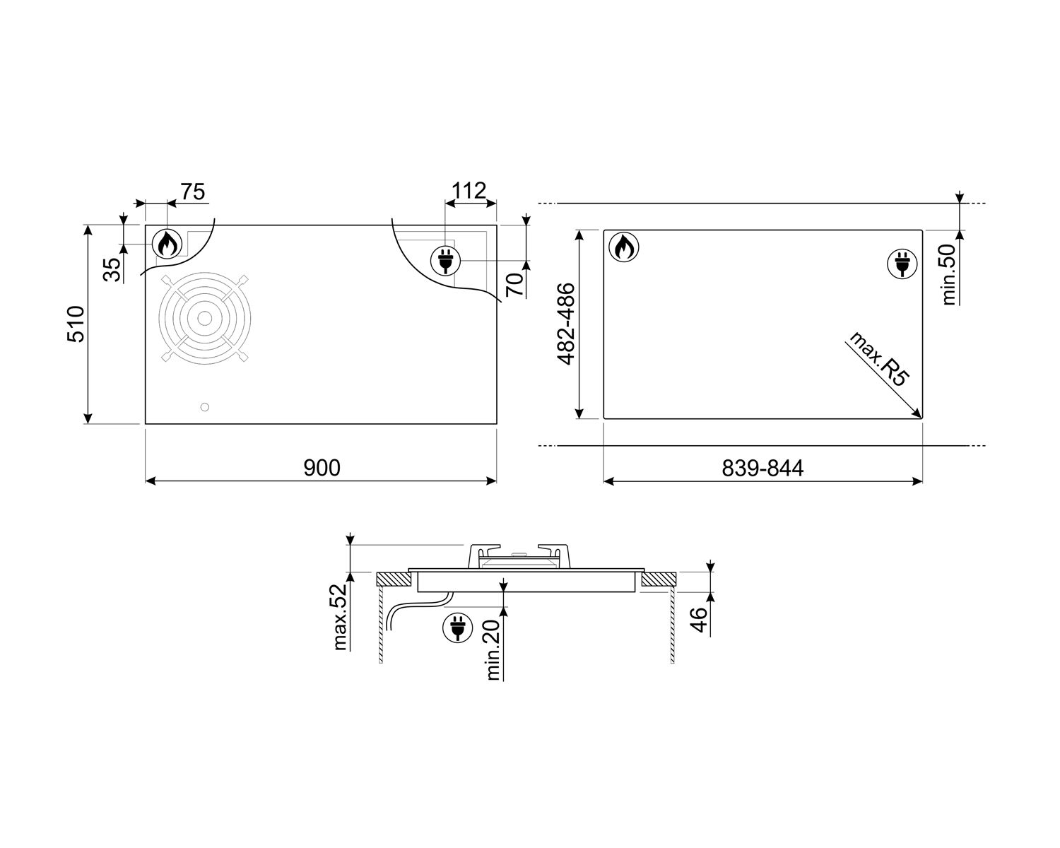 Table de cuisson mixte Classica Smeg PM3953D - schema 2 Table de cuisson mixte Classica Smeg PM3953D